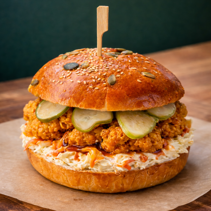 CRISPY BURGER DE PUI CU CARTOFI PROASPETI PRAJITI (NECONGELATI)