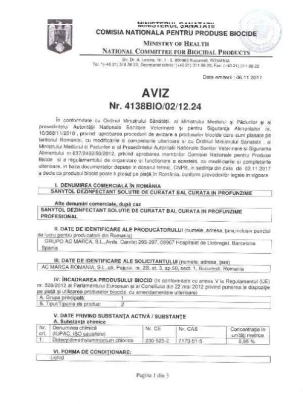 SOLUTIE DEZINFECTANTA PENTRU BAIE SANYTOL 500ML