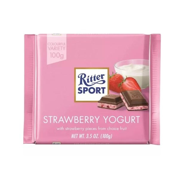CIOCOLATA RITTER CU LAPTE UMPL. DE CR CU IAURT CU CAPSUNI 100G