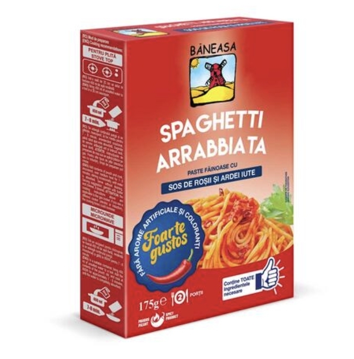 SPAGHETTI ARRABIATTA CU SOS ROSII&ARDEI IUTE BANEASA 175G